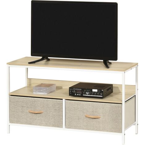 Meuble TV Meuble TV Bas sur Pieds Style Industriel 2 tiroirs en Tissu Gris Bois Naturel et métal Blanc (1/5)