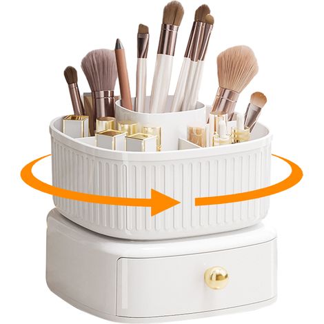 Organisateur de maquillage, organisateur de pinceaux rotatif à 360° avec tiroir, étagère à cosmétiques, organisateur de coiffeuse, organisateur de cosmétiques pour la décoration de la coiffeuse et de (1/5)