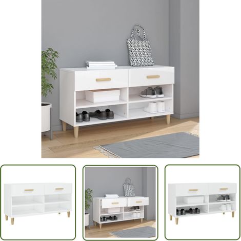 The Living Store Armoire à chaussure Blanc brillant 102x35x55 cm Bois ingénierie - Armoire À Chaussures - Meuble Rangement Chaussures - Étagère Chaussures - Rangement Intérieur - Mobilier Entrée (1/5)
