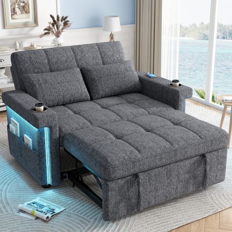 Sofá de 2 plazas convertible en cama, iluminación LED, puerto de carga USB/Tipo C, respaldo ajustable, cojines, portavasos, bolsillo lateral, tejido de chenilla, gris. (1/5)