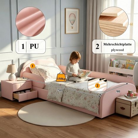 Lit bébé/enfant 90x200cm, tête de lit ourson adorable, table de chevet assortie, bordure anti-chocs en mousse douce, tête capitonnée, PU et contreplaqué, rose. (1/5)