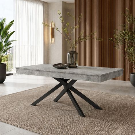 Mesa de comedor extensible (180x80x76 cm), para 6-8 personas, tablero de 93 mm, patas cruzadas, MDF gris (1/5)