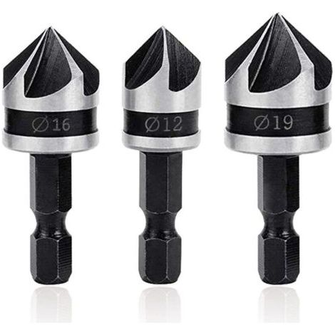 Kit Fraise à Chanfreiner 90° Fraise Conique 5 Flûtes, Outil de Coupe Bois avec Tige Hex 12mm/16mm/19mm (1/5)