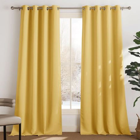 2er-Set Thermovorhänge, blickdicht, 132 x 183 cm, mit Ösen, UV-Schutz, für die Inneneinrichtung, Zitronengelb – KZQ