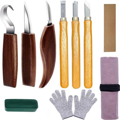 Holzmeißel, 10-teiliges Holzschnitzset, DIY-Schnitzwerkzeuge mit schnittfesten Handschuhen für Bildhauer, Schreiner, Hobbybastler und Erwachsene (1/5)