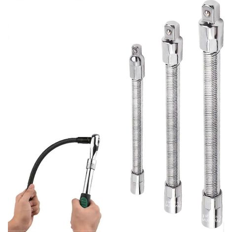 Rallonges flexibles pour douilles jeu de 3 : 1/4" 3/8" 1/2" arbre 6" 8" 10" coude 45° compatible perceuse finition argentée (1/5)