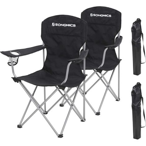 Songmics – Lot de 2 chaises de camping confortables – Tissu Oxford 600D – Charge max 150 kg – Avec porte-bouteille – Sac de transport – GCB08BK