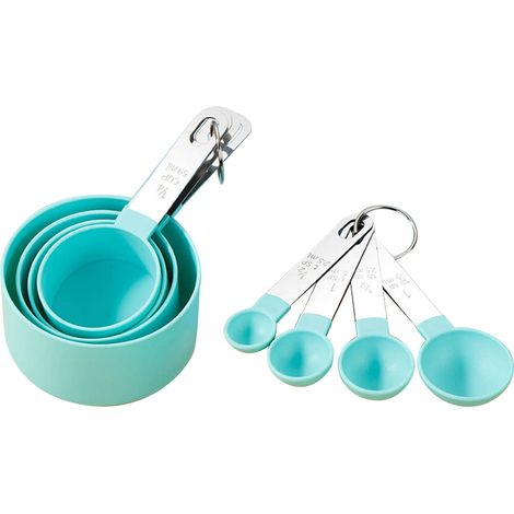 Set mit 8 grünen Messbechern und -löffeln aus Edelstahl und Polypropylen, Küchenzubehör zum Backen (1/5)