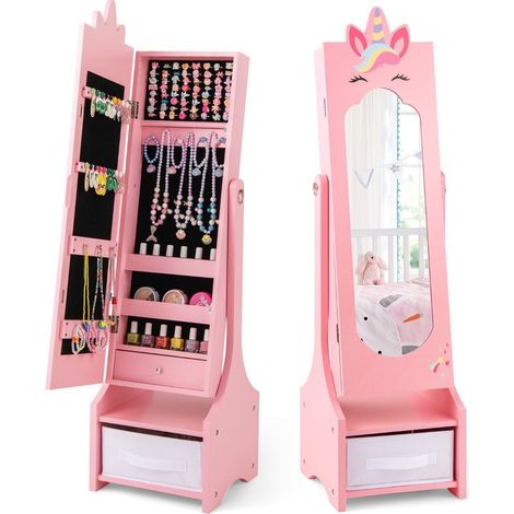 Joyero infantil 2 en 1 con espejo de cuerpo entero y espejo de cuerpo entero armario con espejo y cajon espejo de maquillaje rosa
