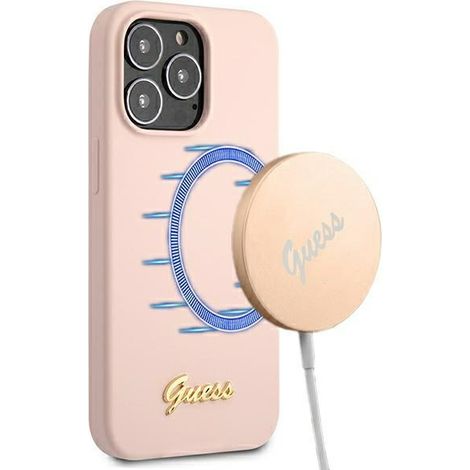 Funda rígida Guess GUHMP13LLSLMGLP para iPhone 13 Pro / 13 de 6,1 pulgadas, color rosa claro/rosa claro, de silicona con logotipo dorado y MagSafe. (1/5)