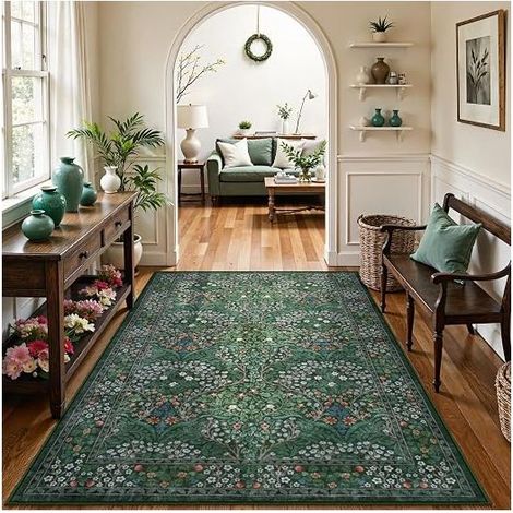 Lahome dunkelgrüner Teppich mit floralem Muster (140 x 200 cm), weich, waschbar, im Bohème-Stil, rutschfest, kurzer Flor, ideal für Wohnzimmer, Schlafzimmer oder Landhaus. (1/5)