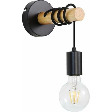 Vintage-Wandleuchte aus Holz, Retro-Industrieleuchte, runde Wandleuchte mit Metallsockel, schwarze Innenwandbeleuchtung E27 (ohne Glühbirnen) (1/5)