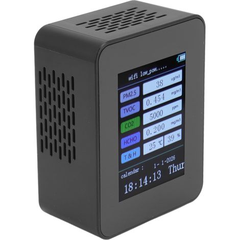 Moniteur de qualité de l'air intérieur TUYA WiFi avec mesure des PM2.5 et du formaldéhyde, fonction calendrier et heure 7 en 1, détecteur de qualité de l'air, noir, version WiFi, mesure des COV (1/5)