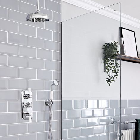 Hudson Reed Elizabeth - Kit de douche rétro - Mitigeur thermostatique à double fonctions&44 Pommeau pluie rond plafonnier de 20 cm et Kit douchette - Chromé et blanc