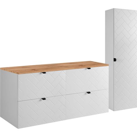Furnidea - Ensemble un meuble sous vasque 120 cm avec le plan CHÊNE et une colonne 35/136 cm à suspendre MADIS BLANC - façades motif chevron (1/5)