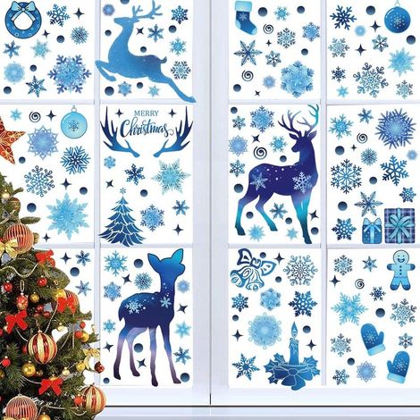 9 hojas de pegatinas navideñas para ventanas con diseño de reno azul y blanco, de PVC. Pegatinas reutilizables de copos de nieve para puertas, escaparates, cristales, fiestas navideñas y decoración de (1/5)