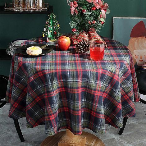 Nappe de table ronde de style classique pour la maison, idéale pour les fêtes de fin d'année, avec décorations de Noël, bleue, rouge et verte, diamètre 100 cm. (1/5)