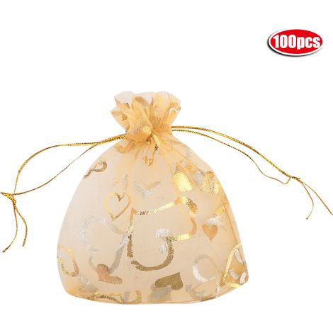 100 Netzbeutel mit Kordelzug für Gastgeschenke, Süßigkeiten und Schmuck, 5 Farben (Gold)