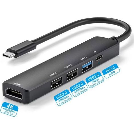 Hub USB-C 5-en-1 avec HDMI 4K, charge rapide PD 100W et ports multiples pour MacBook (1/5)