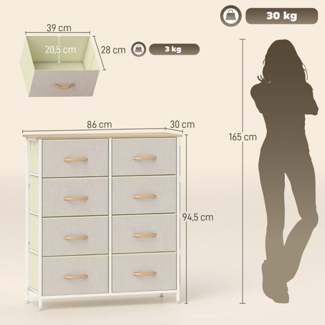 Commode 8 tiroirs en tissu beige avec cadre en acier, dessus en bois, 4 poches latérales et 2 crochets, meuble de chambre pratique. (1/5)