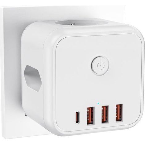 Adaptador de enchufes 7 en 1 con interfaz USB-C, caja de enchufes inalámbrica, regleta multifuncional para cocina, viajes y oficina, color blanco. (1/5)