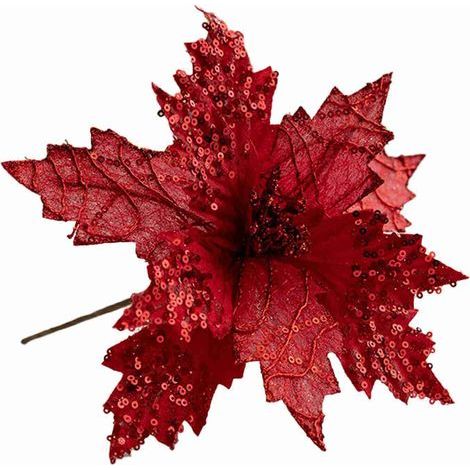 Décoration florale pailletée, fausse fleur de sapin de Noël pour les fêtes de fin d'année, hauteur 25 cm, diamètre 20 cm, rouge (1/5)