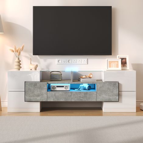 Mobile TV 145x30x51 cm, porta TV basso in vetro per soggiorno e televisori da 50 a 59 pollici, con 6 ante e 2 cassetti, bianco e cemento (1/5)