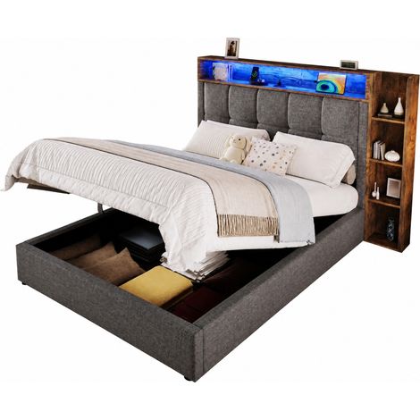 Lit rembourré 90x200 cm avec LED, ports USB et USB-C, rangements multifonctions, structure MDF, tissu gris, sans matelas  CHICFURN (1/5)