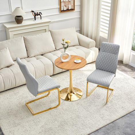 Esstisch- und Stuhl-Set MDF/PU-Leder Holzoptik Gold Hellgrau Ø60x72 cm mit 2 gepolsterten Stühlen MIVRAY