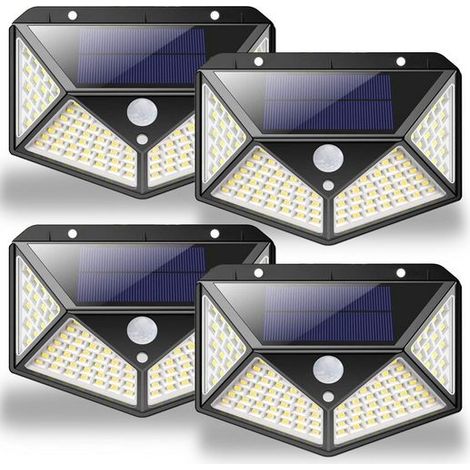 Lampe solaire, Ruban LED, Applique murale LED 270°, IP65 étanche, 4pcs, 100 LED, 1800 mAh Lampe à détecteur pour patio/jardin, KINSI (1/5)