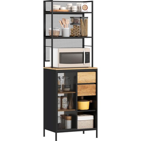 Credenza, mobile da cucina, piano di lavoro, anta scorrevole, cassetti e ripiani a giorno, 60x40x180 cm, legno naturale (1/5)