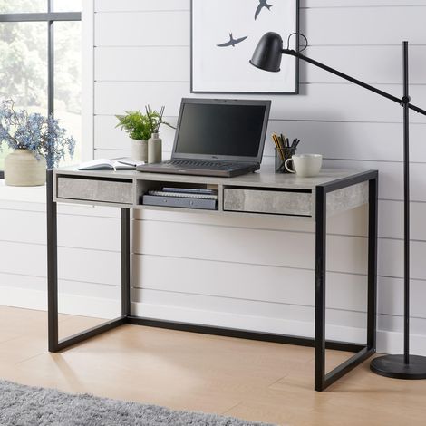 Office Desk Concrete Effect Workstation 2 Drawer Shelf Storage Black Metal Legs (1/5)