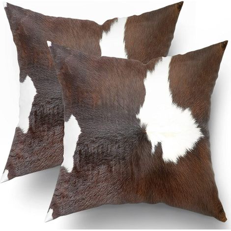 Housse de Coussin 45x45 cm Lot de 2 Motif Vache, Taies de Coussins Décoratives Marron Peau de Vache, Style Western Africain Abstrait, Pochoirs pour Canapé Lit Salon Cadeau (1/5)