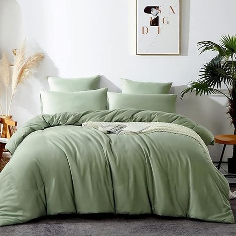 Housse de Couette 220x240 + 2 Taie d'oreiller 65x65cm Vert Sauge (1/5)