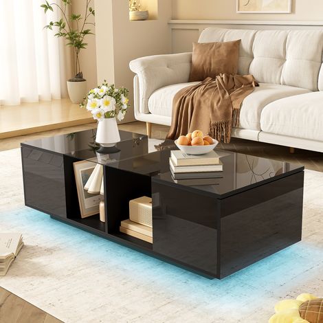 DESMIU Table basse avec 2 portes et LED pour salon en verre, MDF et panneaux de particules, noire, 120 × 50 × 38,5 cm (1/5)