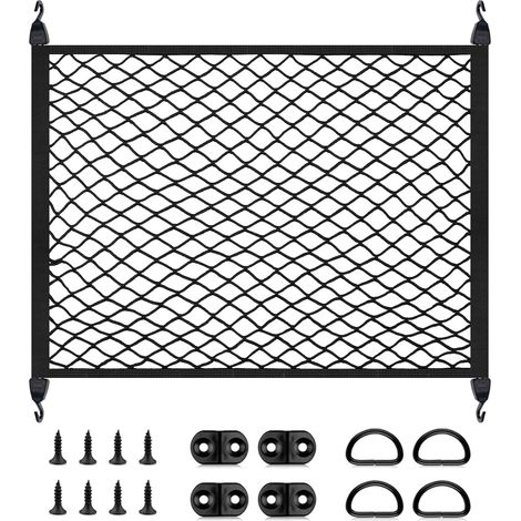 Filet Coffre Voiture, Filet de Rangement Coffre de Voiture 60x80cm Extensible Jusqu'à 110 x145cm, avec 4 Crochets Renforcement Solides, pour PlupartVoiture (1/5)