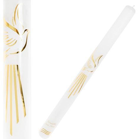 Candela per battesimo da bambina, bianca, semplice, dorata con lo Spirito Santo (1/4)