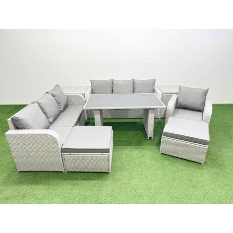 Fimous Rattan Garden Furniture Dining Set 9-seater Patio Rectangular Table Sofa Set with 2 Side Tables 2 Big Stools Light Grey (1/4)