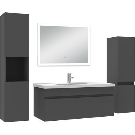 Acezanble Ensemble meuble Salle de Bain 100cm simple vasque avec colonne + miroir lumineux dimmable anthracite