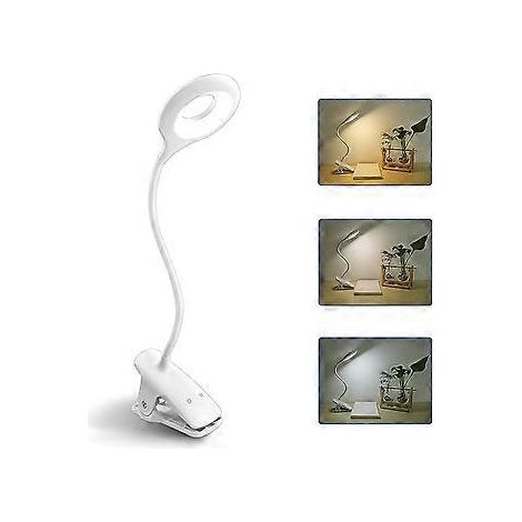 Wiederaufladbare, kabellose LED-Schreibtischlampe, 3 Farben und 3 Dimmstufen, Touch-Nachttischlampe für Kinder mit Clip, tragbare Leselampe zum Anklemmen für Bücher im Bett, Weiß