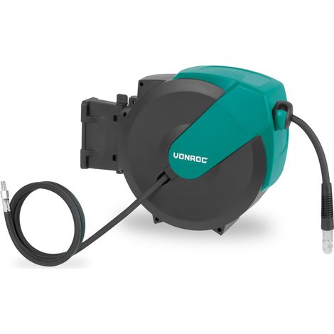 VONROC PRO Automatische Druckluftschlauchtrommel – Inkl. 15m Druckluftschlauch, 1m Anschlussschlauch und Wandmontage-Set – 17 bar/250 PSI – Universelle EURO/DIN 7,2 mm Kupplungen