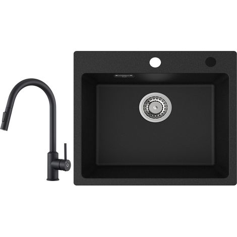 Cecipa Evier 1 Bac Quartz Noir 50x45cm Evier de Cuisine en Quartz Evier de Cuisine en Granit + Mitigeur de Cuisine avec Douchette Extractible Rotatif à 360 ° Noir (1/5)