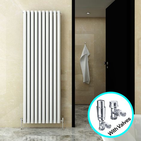 ELEGANT Central Heating Radiator 1800 x 590mm Vertical White Double Panel Oval Column Rad + Chrome Thermostatic Radiator Valves (1/5)