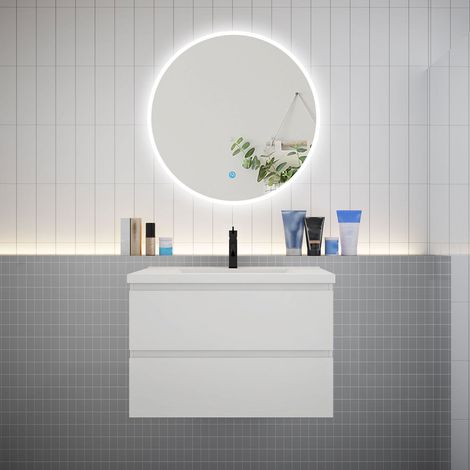 Ensemble meuble vasque L.79cm 2 tiroirs + lavabo + LED miroir rond 80cm,blanc