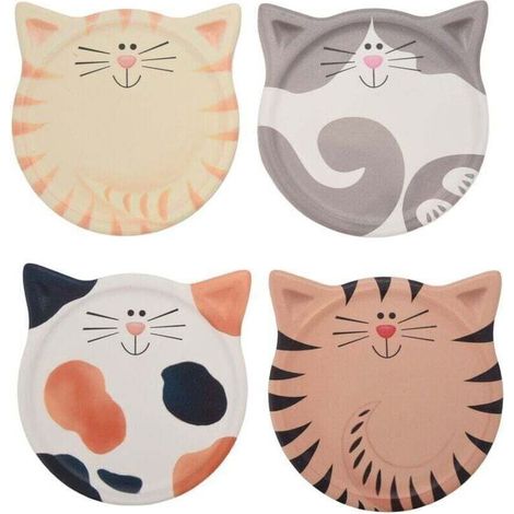 Lot de 4 dessous de verre absorbants en céramique, motif chat mignon, pour table basse, lait, café, boissons chaudes, etc. (1/4)