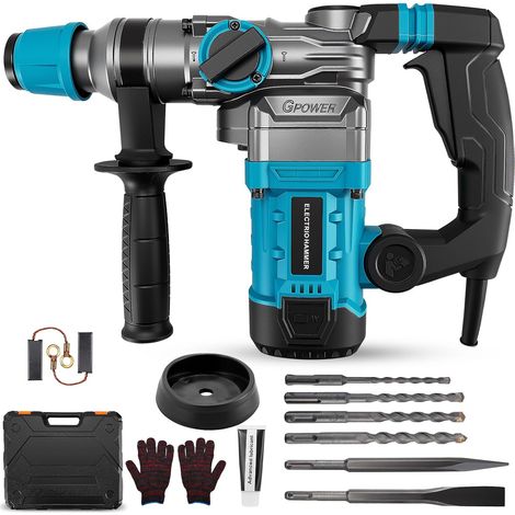 3 in 1 marteau perforateur 1500W perceuse percussion 12J marteau piqueur avec 6 mèches et burins, diamètre de perçage 40 mm,burineur electrique poignée anti-vibration accouplement de sécurité (1/5)
