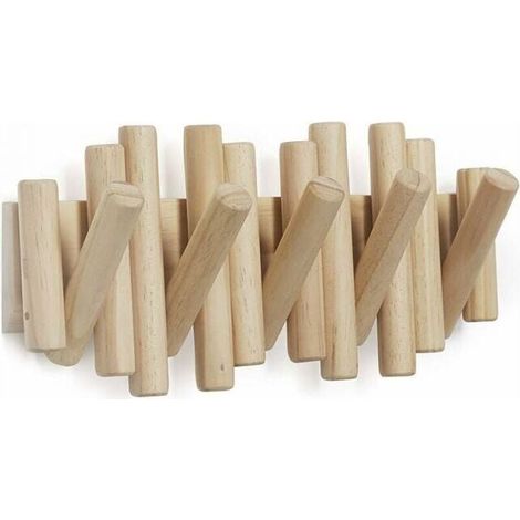 Wall-mounted coat rack with 5 hooks, made of natural wood, 37.1 x 16.5 x 4.4 cm (1/5)