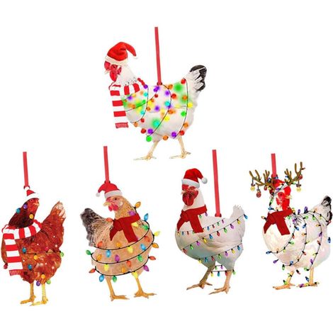 Ensemble de 5 décorations de Noël en forme de poule à suspendre au sapin (non lumineuses). (1/5)