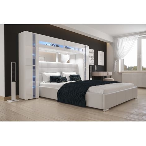 Viva – Tête de lit armoire pont de lit PANAMA – Structure en panneau de particules – Dimensions 256x184x35cm – Couleur blanc brillant
