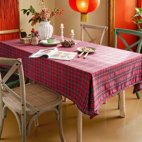 Tovaglia a quadri rossi in stile tartan (100-140 cm) – Effetto lino, atmosfera calda, adatta per autunno e inverno (1/5)